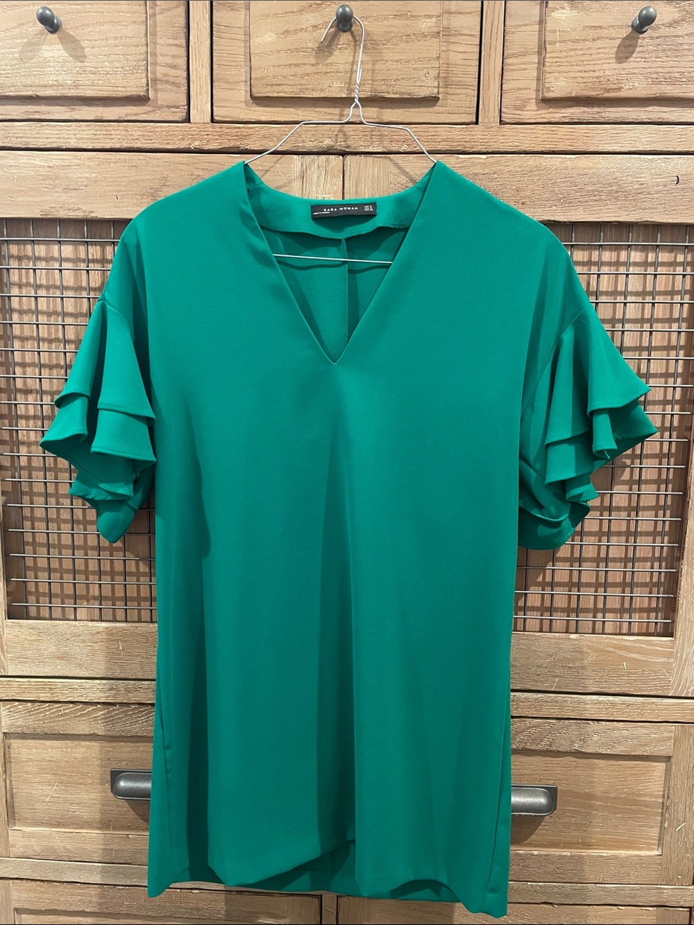 Zara Emerald Green V-Neck Ruffle Sleeve dress